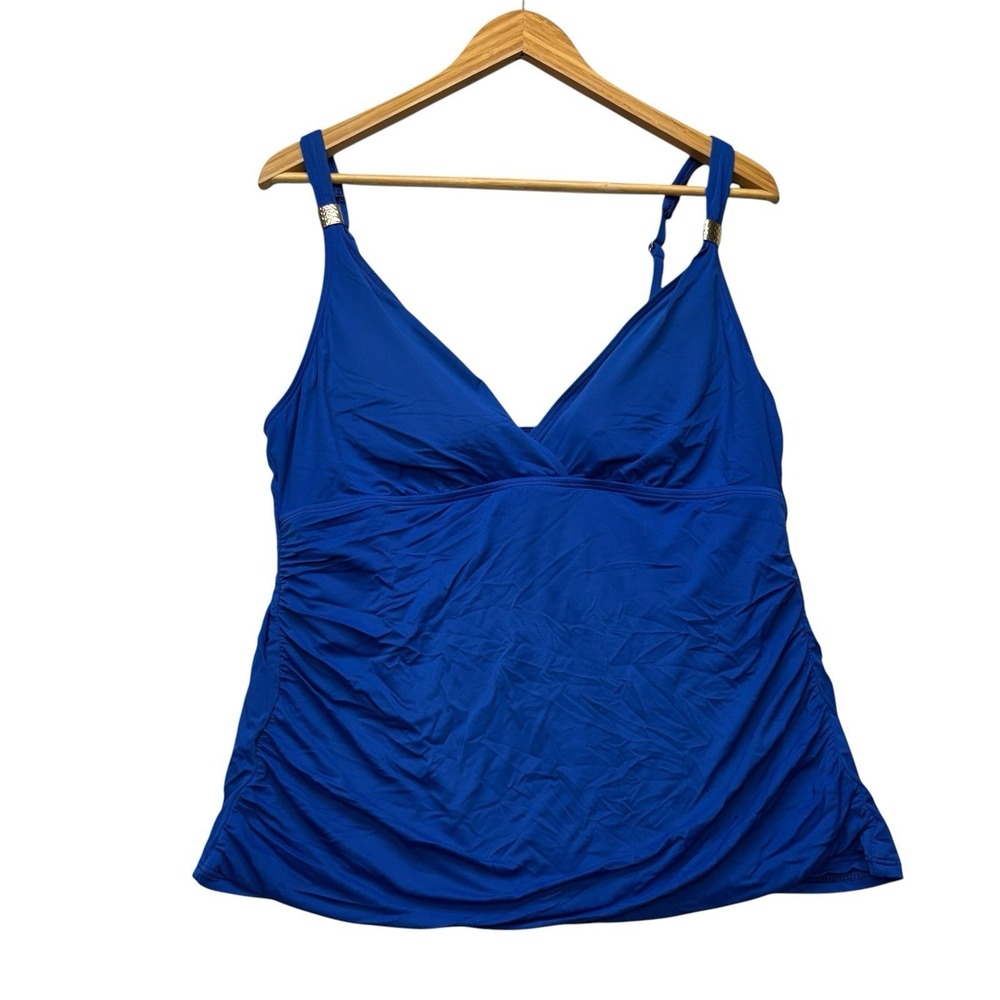 Lauren Ralph Lauren Womens Tankini Top 16 Royal Blue Swim Cinched Gold Slimming
